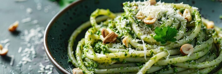 Poster - Pasta with kale pesto and chopped hazelnuts