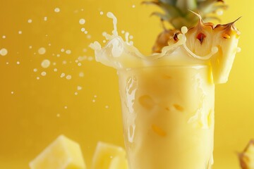 Wall Mural - Pineapple juice splashing in a glass with pineapple pieces on yellow background.