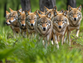 Poster - A pack of coyotes are walking through a forest. The pack is made up of nine coyotes, all of which are looking in the same direction