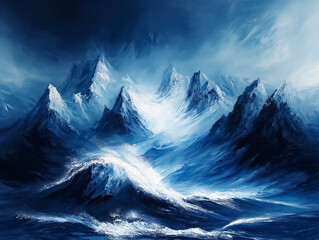 Wall Mural - A painting of a mountain range with a large wave crashing over it. The mood of the painting is one of power and majesty, as the mountains stand tall and the wave crashes down with force