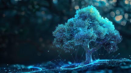 Wall Mural - A glowing tree with glowing blue lines connecting it to a black background.