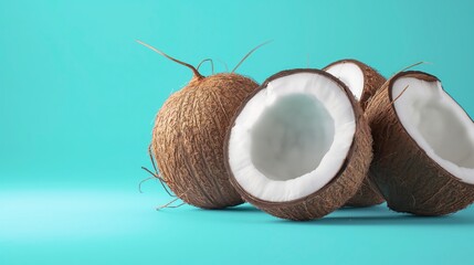 Three coconuts, one whole and two halves, on a turquoise background.