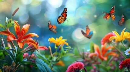 A beautiful orange lily flower with four monarch butterflies in flight, surrounded by other flowers in a colorful garden.