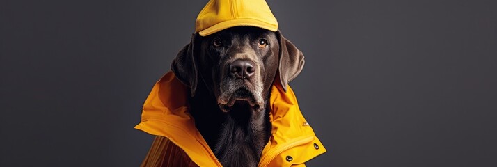 Labrador retriever in a yellow jacket and hat looks at the camera, showcasing human-like traits in its outfit. A fashionable dog embodying the essence of pets in professional attire.