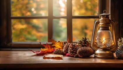 Antique Autumn Still Life scene - A close-up of a wooden table on a windowsill in an old house, with lantern, leaves and pine cones. Graphic art illustration