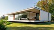 © kinara art design - Modern house with large windows overlooking a grassy lawn.