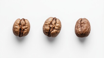 Wall Mural - Three walnuts in a row on a white background.