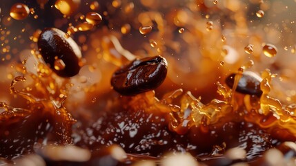 Wall Mural - close-up of coffee beans splashing in a rich brown liquid with droplets flying through the air.