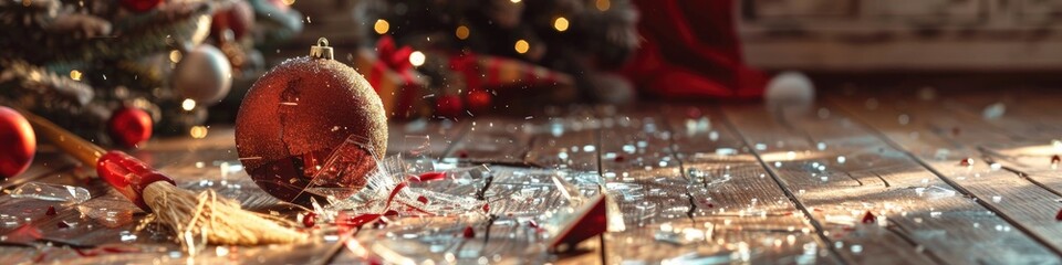 Sticker - Shattered glass bauble and broken holiday ornaments on a wooden floor being swept up with a broom and dustpan at the conclusion of the festive season