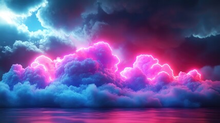 d render, neon linear number three and colorful cloud glowing with pink blue neon light, abstract fantasy background