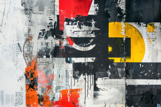 Abstract art print featuring bold typography and graphic elements on textured newspaper paper texture.