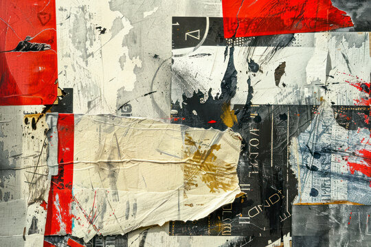 Abstract art print featuring bold typography and graphic elements on textured newspaper paper texture.