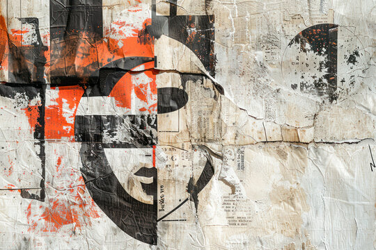 Abstract art print featuring bold typography and graphic elements on textured newspaper paper texture.