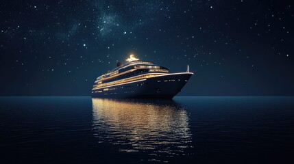 Wall Mural - Elegant cruise flyer design with a nighttime view of a cruise ship illuminated against a dark sea, creating a sense of luxury and exclusivity