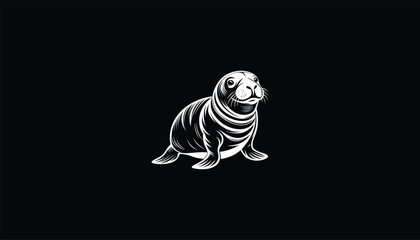 Wall Mural - Elephant Seal Logo, Minimalist Vector Design, Large Bulbous Nose, Robust Body, White Outline, Black Background