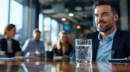 A smiling man in a business suit sits at a conference table with a glass of water in the foreground. The environment is professional with colleagues in the background.