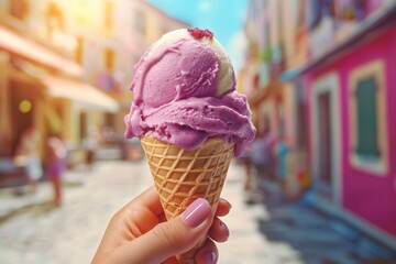 Wall Mural - Blurry street background with hand holding ice cream cone.