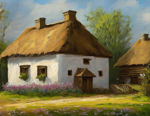 Wall Mural - oil painting on canvas of rural landscape with medieval houses in Europe	