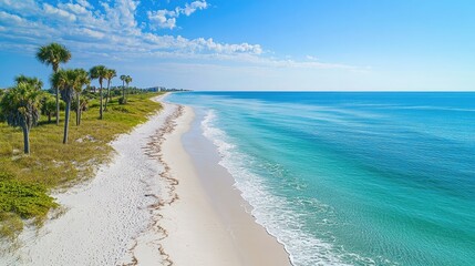 Palm-lined Florida beach with a gentle ocean breeze, clear blue water, and soft sand, creating a relaxing coastal setting