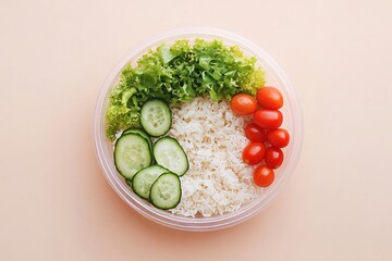 In a beige background, a salad with rice and tomatoes is contained in a plastic container.