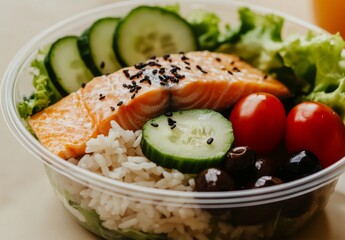 Wall Mural - A fresh salad bowl topped with salmon, cucumbers, tomatoes, and cherries.