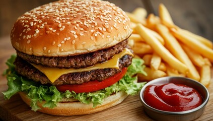 Table with a wooden hamburger, lettuce, tomato, and onions