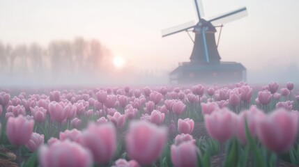 Sunrise on tulip fields and windmills in a scenic landscape.