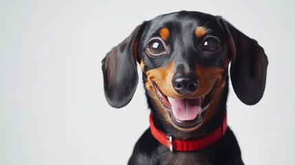 An adorable black and brown dog wears a red collar