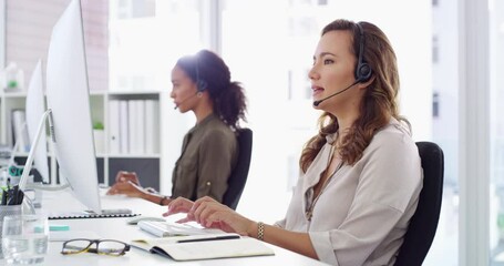 Aufkleber - Computer, face or virtual assistant consulting in call center talking or networking online in a telecom office. Smile, happy woman or sales agent in communication or conversation at customer services