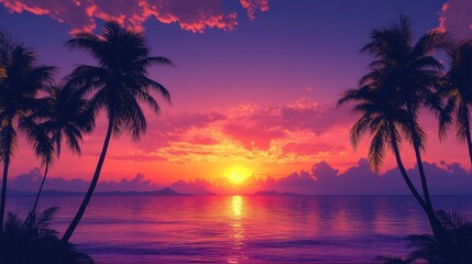 A beach sunset with palm trees in the foreground, their silhouettes creating a tropical scene against the vibrant sky.