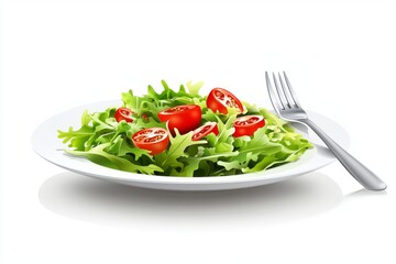 Against a white background, a plate of salad with a fork and spoon