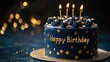 © sa-photo - A birthday cake with gold foil decorations and 'Happy Birthday' written in gold icing. Ample copy space for a message.