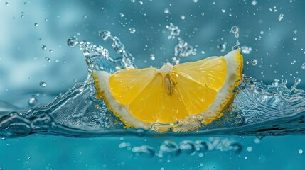 Wall Mural - lemon wedge splashing into water, creating a crown of water droplets.