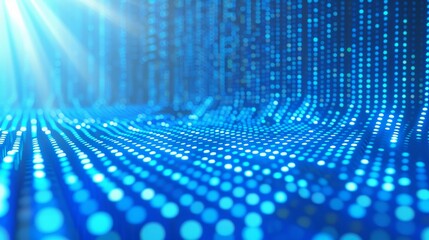 Poster - A vibrant blue digital landscape features glowing dots scattered across a surface, illuminated by beams of light from above.