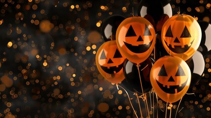 A close-up of gold and black jack-o-lantern balloons against a backdrop of golden bokeh lights.