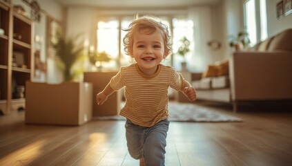 Young little boy joyfully running in his new house or home. Family relocation or moving in, happy son or male kid. Apartment room interior ownership, new life