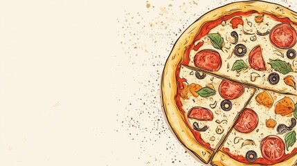 A simple clipart of a pizza with a variety of toppings, with space for text or logos on the side.