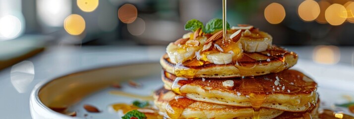 Canvas Print - Almond-Studded Buttermilk Pancakes Made with Ripe Plantains and a Honey Drizzle