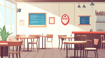 Poster - A vector illustration of a cozy seafood restaurant interior with tables and chairs, set against a clean background with ample space for text.