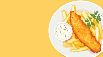 A vector of a fish and chips meal with a side of tartar sauce, on a clean background with ample room for text.