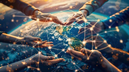 Poster - Hands reaching towards a glowing globe surrounded by network lines.