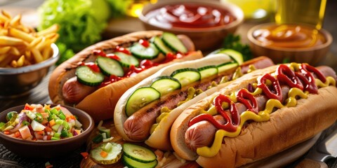 Canvas Print - Recently prepared hotdogs featuring sausages and buns topped with pickled cucumbers, crispy fried onions, and a splash of mustard and ketchup, accompanied by bowls of fresh toppings.