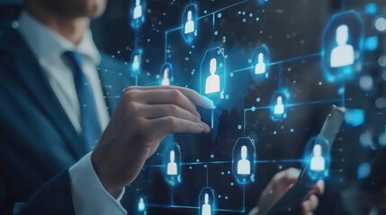 Poster - A businessman's hand reaching out to a glowing network of people icons on a digital tablet screen.