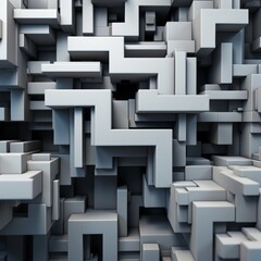 Poster - A complex arrangement of gray geometric shapes creates a three-dimensional maze effect, highlighting intricate forms and shadows.