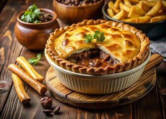 warm comforting beef pot pie golden flaky crust rich brown filling surrounded crispy golden fries cozy dinner table setting intimate relaxing evening atmosphere