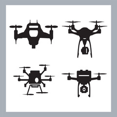 Drone quadcopter with camera black symbol, Black silhouette of military drone. Top, front and side view. Army aircraft for intelligence and attack, silhouette of a drone flying