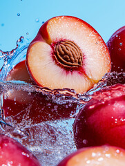 Fresh peach slices with water splash on blue background, concept of fresh and healthy fruits