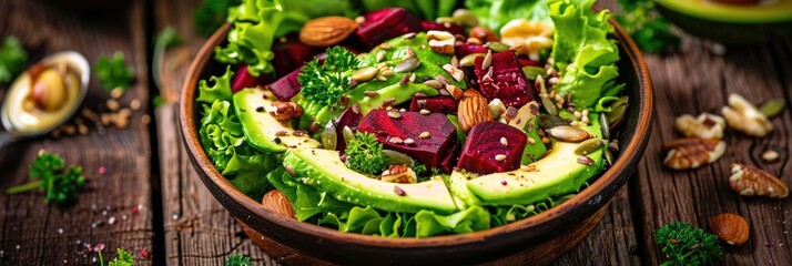 Poster - Vibrant summer salad featuring avocado, lettuce, beets, nuts, and seeds displayed on a wooden table, promoting a clean eating lifestyle.