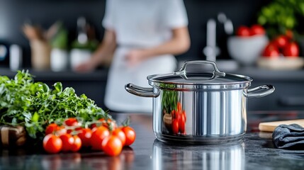 A stainless steel pot surrounded by tomatoes, herbs, and other vegetables, featuring a modern kitchen setting, highlighting the freshness of ingredients and readiness to cook.