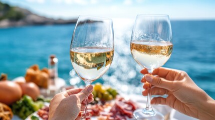 Two hands holding glasses of white wine in a celebratory toast with a stunning ocean view, reflecting joy, friendship, and the ultimate coastal relaxation experience.